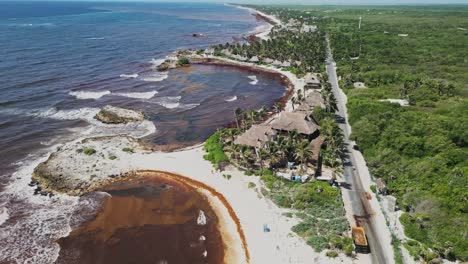 aerial view, tropical alcove, shoreline road travel, coastline caribbean