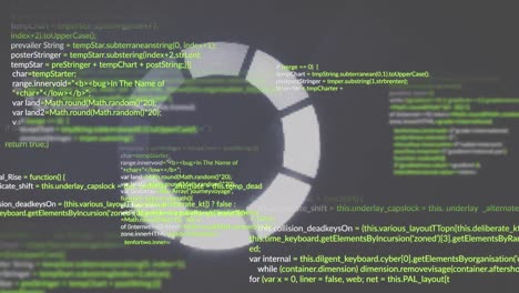 Animation-of-loading-circles-and-multicolored-computer-language-over-black-background