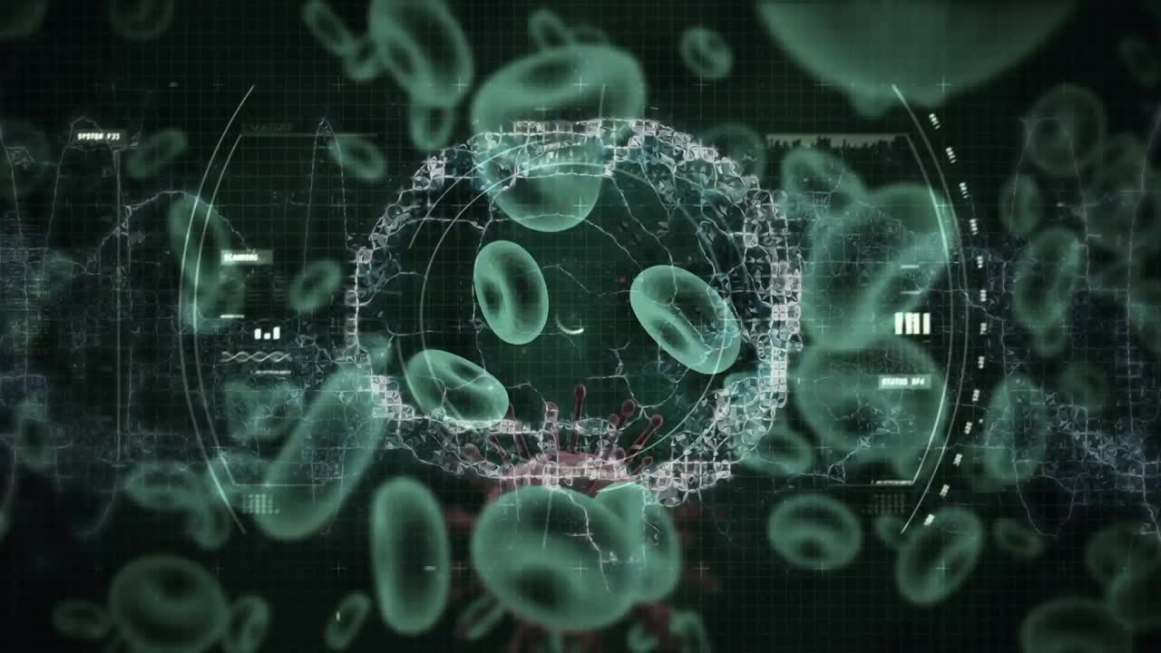 animación de escaneo de alcance y cerebro humano girando sobre las células de covid-19 flotando