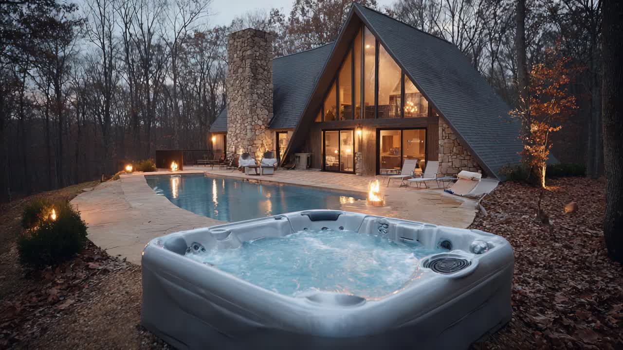 Relaxing Evening Retreat by the Pool: A Cozy Hot Tub Experience Next to a Beautiful Cabin Surrounded by Nature in Autumn
