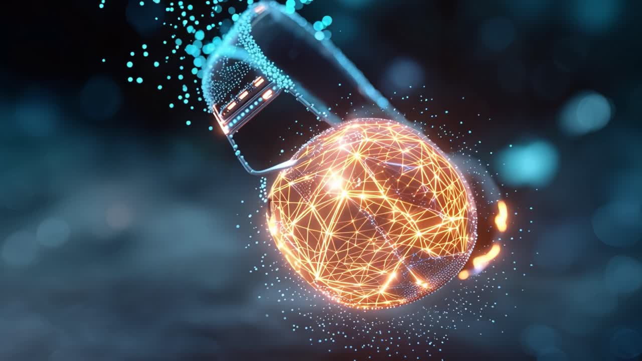 Cuffie futuristiche brillano di energia digitale. Una rete wireframe pulsa all'interno dei padiglioni trasparenti. Uno sfondo bokeh blu esalta l'atmosfera tecnologica.