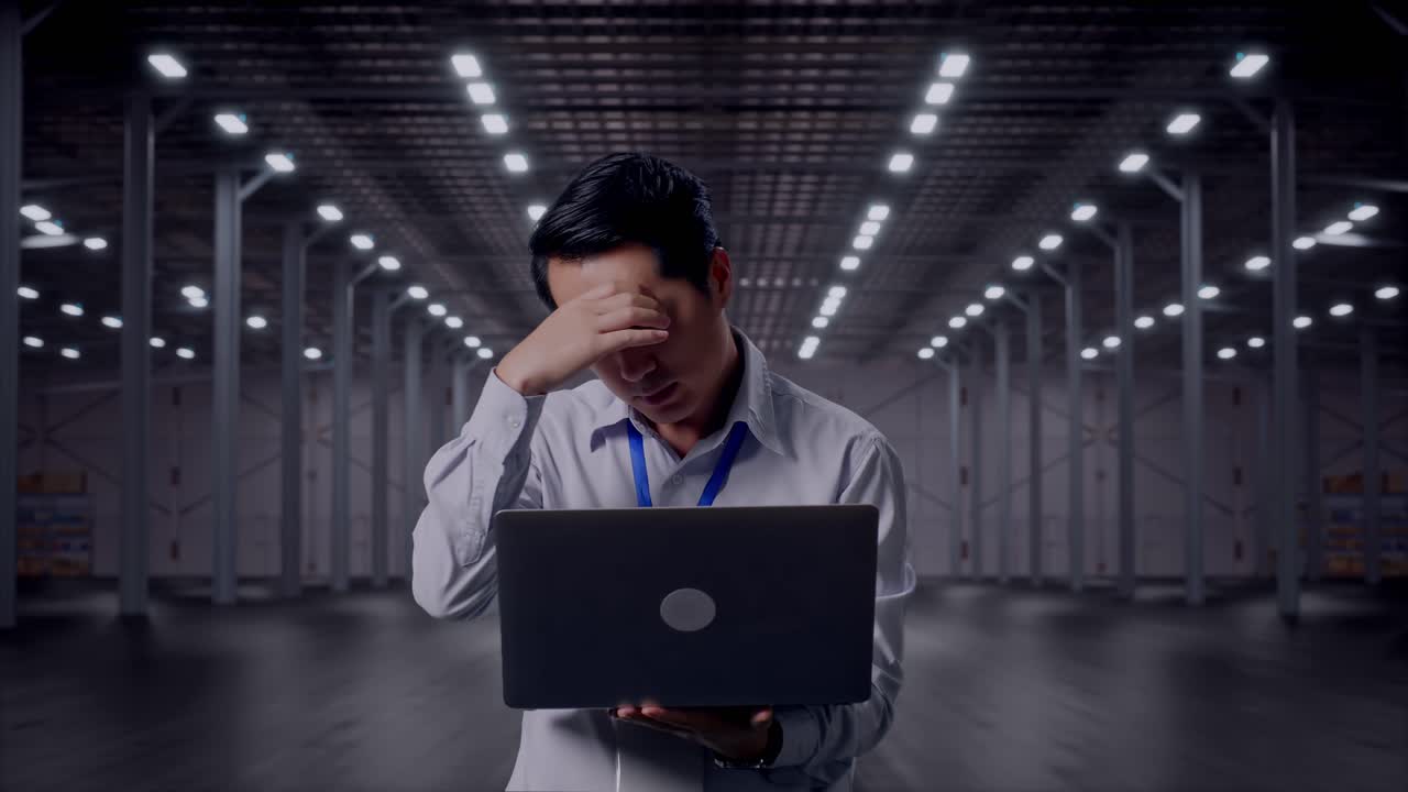 Asian Male Professional Worker Standing With His Laptop in Empty Modern Warehouse, He Is Nodding His Head With Dissapionted
