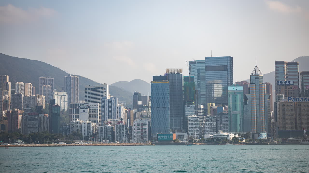 HONG KONG - 19 MARCH 2025 : Hong Kong Central city skyline filmed from across the harbour in kowloon