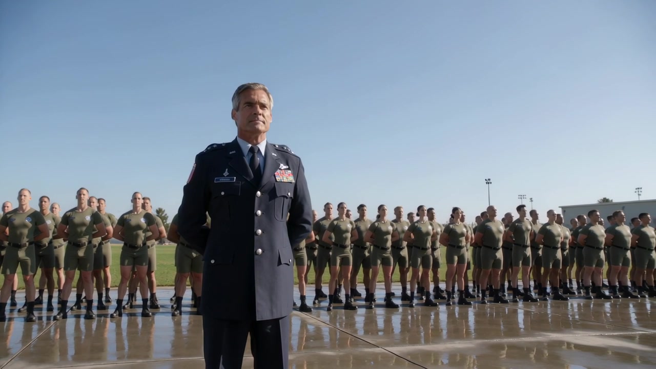 Bocca aperta, anziano ufficiale in uniforme che si china impartendo ordini di addestramento su asfalto bagnato con tuta da ginnastica verde oliva
