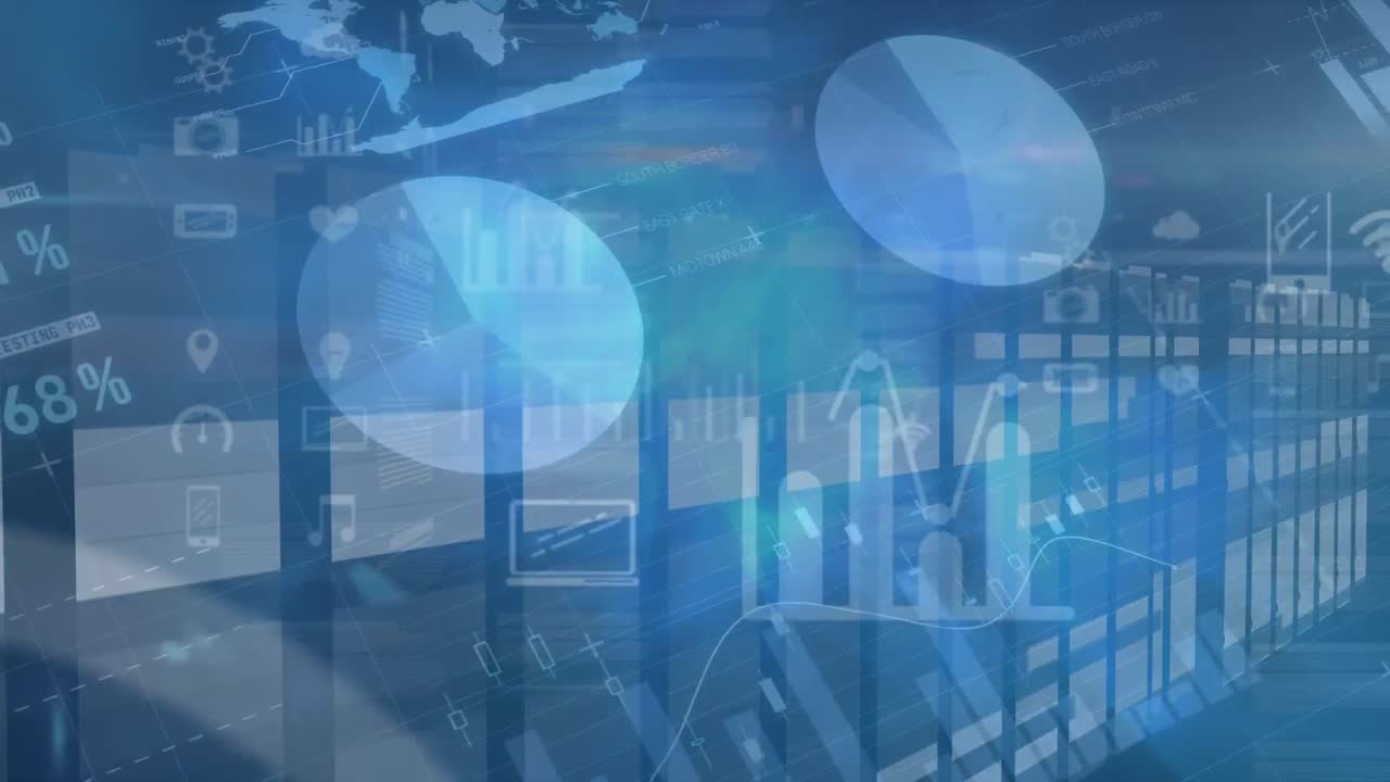 Animation of icons and data processing over server room