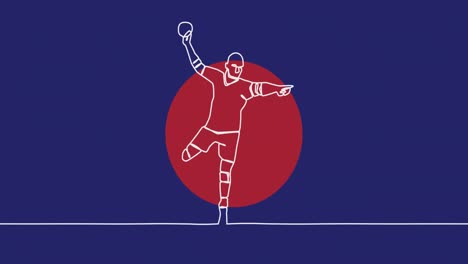 animation of drawing of male handball player throwing ball and red spots on blue background