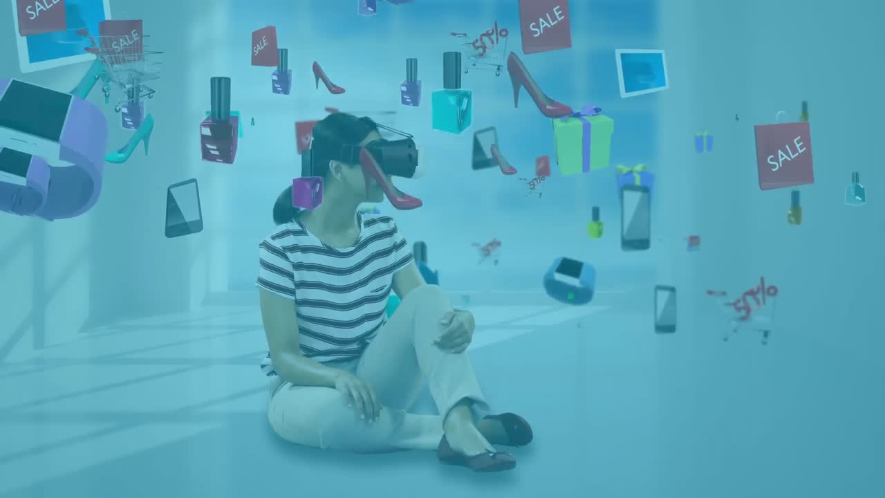 떠다니는 제품 아이콘 위에 vr 헤드 ⁇ 을 착용한 백인 여성의 애니메이션