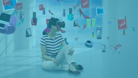 animación de una mujer caucásica que usa auriculares vr sobre iconos de productos flotantes