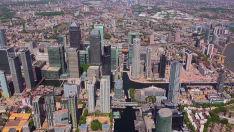 aerial view of the canary wharf complex, isle of dogs, london, uk