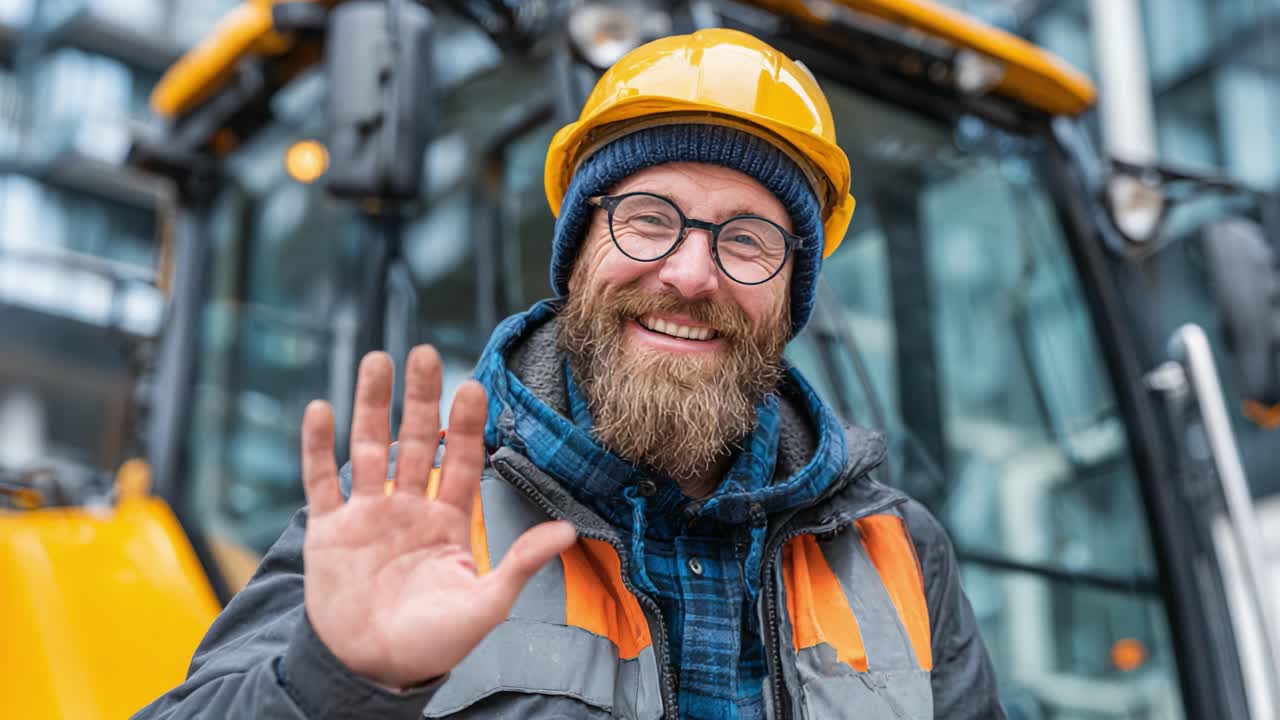 Friendly Construction Worker Waving Cheerfully in Front of Heavy Machinery, Showcasing Professionalism and an Engaging Personality on the Job Site
