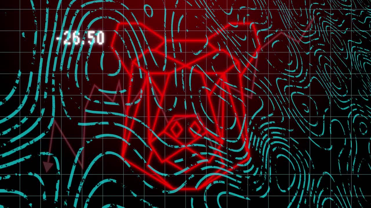 Animation of data processing and topography over dog face icon against red background