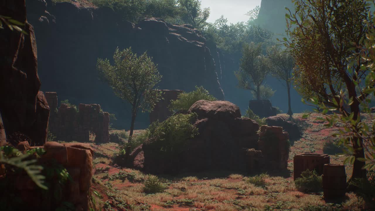 Antiche rovine perdute all'interno di un ambiente roccioso della giungla con alberi e cespugli, animazione 3D, scena animata, zoom in della telecamera