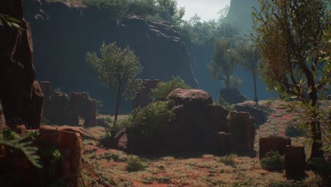 lost ancient ruins inside a jungle rocky environment with trees and bushes, 3d animation, animated scene, camera zoom in