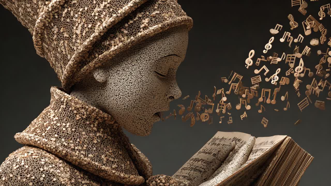 A Captivating Sculpture of a Young Figure Enveloped in Music, Breathing Life into Sheet Notes in a Dreamy Expression, Creating an Enchanting Atmosphere of Artistry