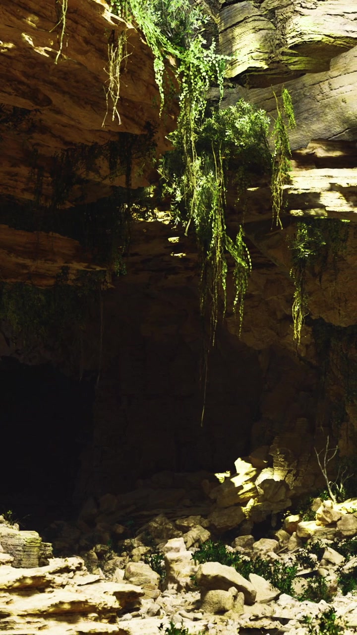 Grotta misteriosa con vegetazione lussureggiante e angoli ombreggiati nell'abbraccio della natura.