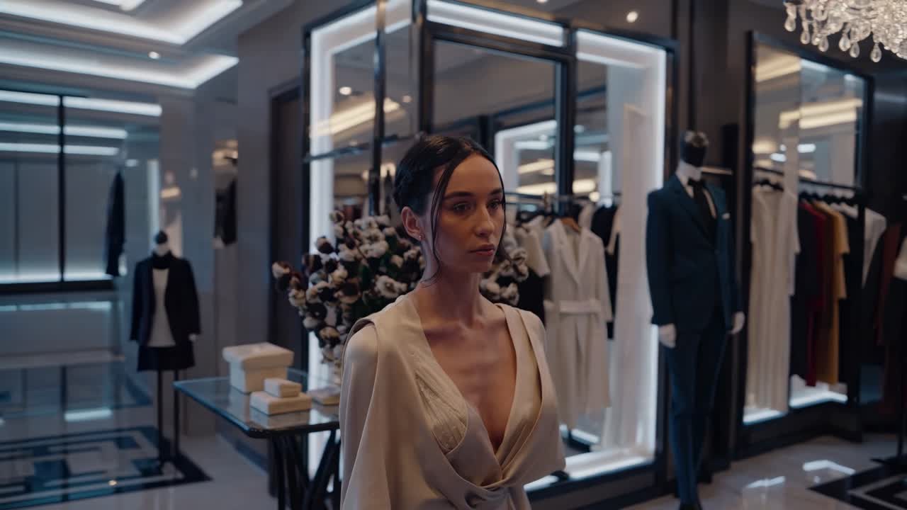 Elegant woman wearing beige dress looking away while walking in fashion boutique store with modern interior design, clothes on mannequins and hangers and cotton flowers in a vase