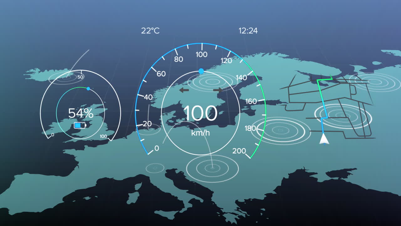 animación de la interfaz con el icono de carga de la batería y el velocímetro sobre el mapa del mundo