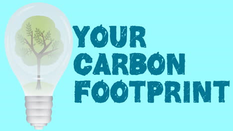 animation of carbon footprint text and tree in light bulb on blue background
