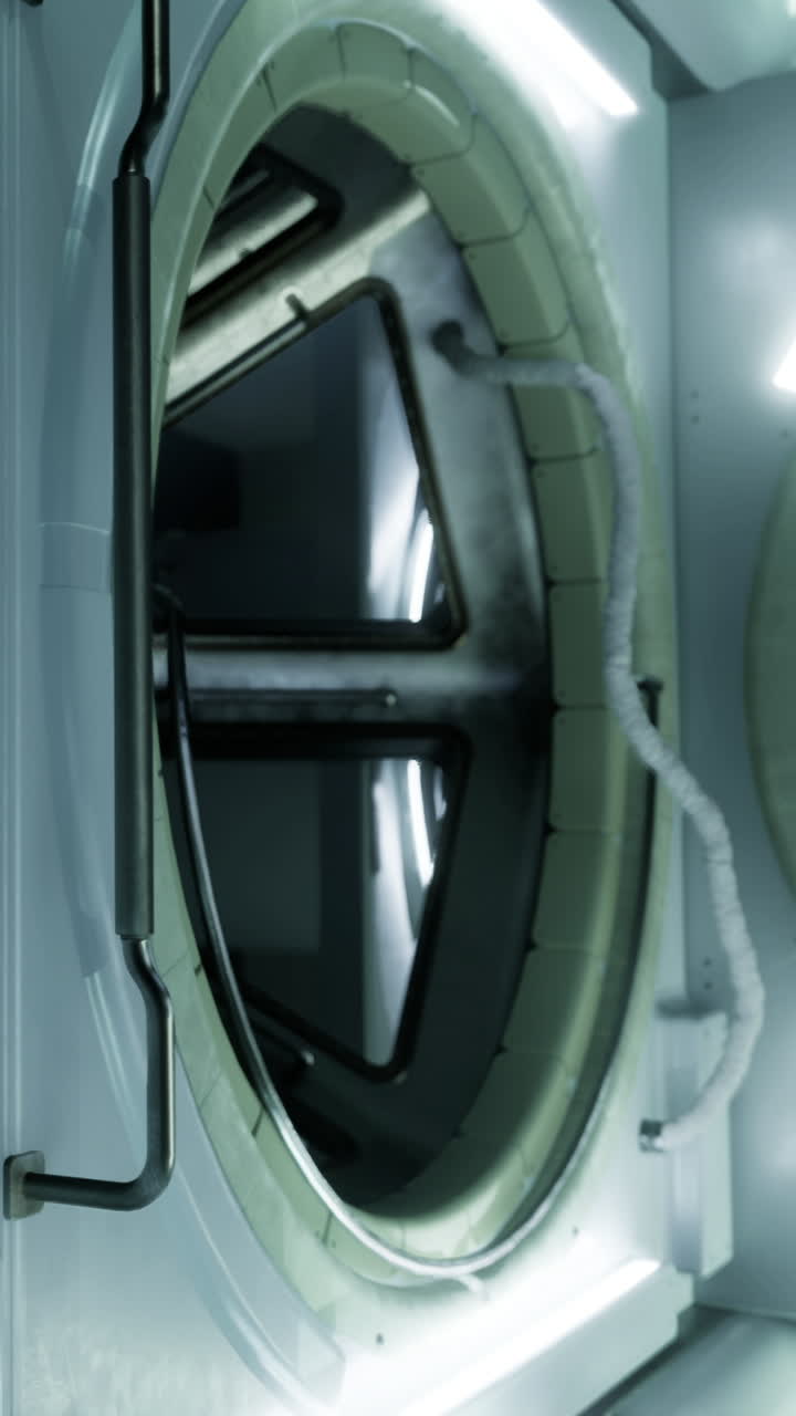Velký kruhový strojní díl v jasném průmyslovém prostředí poblíž potrubí.