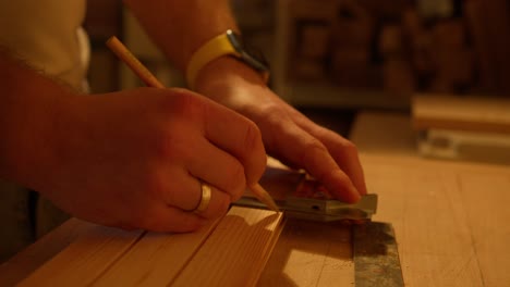 Close-up-of-a-person-marking-with-lines-the-measurements-on-a-wooden-board-to-cut-it