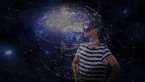 animation of globe of network of connections over woman wearing vr headset