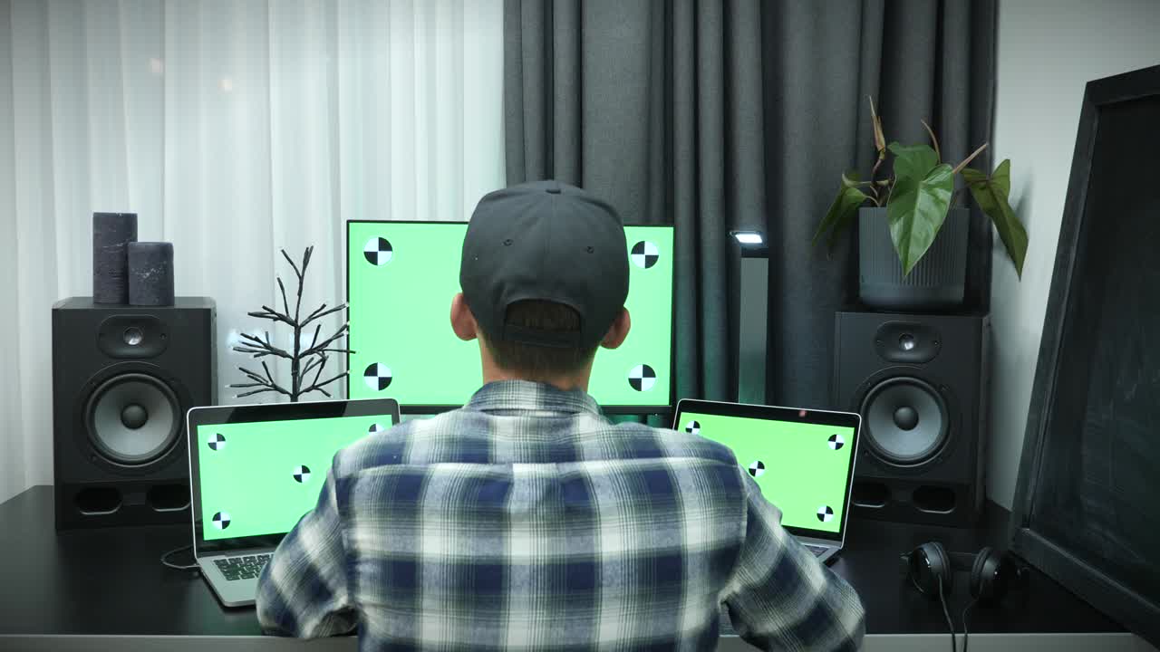 초록색 화면 모형 데스크 컴퓨터에서 일하는 남자: 녹색 크로마 키 스크린 디스플레이를 가진 노트북을 사용하는 남자 프리랜서, 키보드에서 타이핑