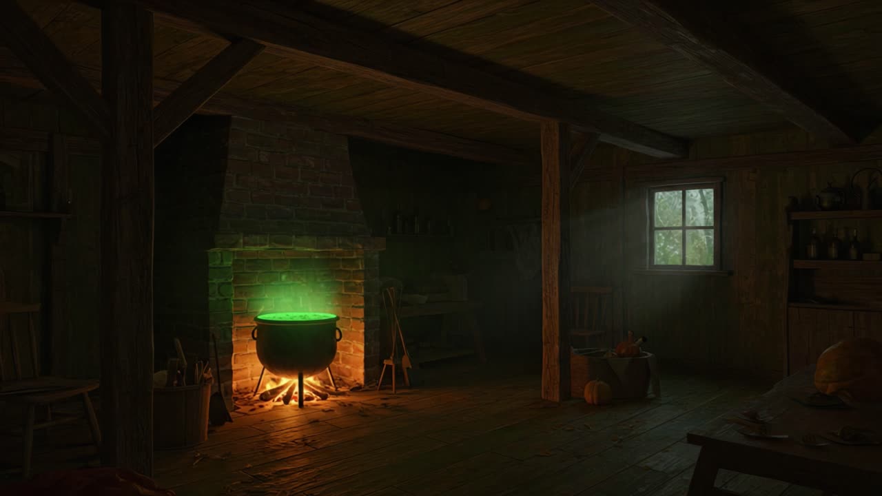 An Enigmatic Potion Brewing Scene: Captivating Interior of a Rustic Kitchen with a Mysterious Cauldron Emitting Green Light, Illuminating the Shadows of a Wooden Space