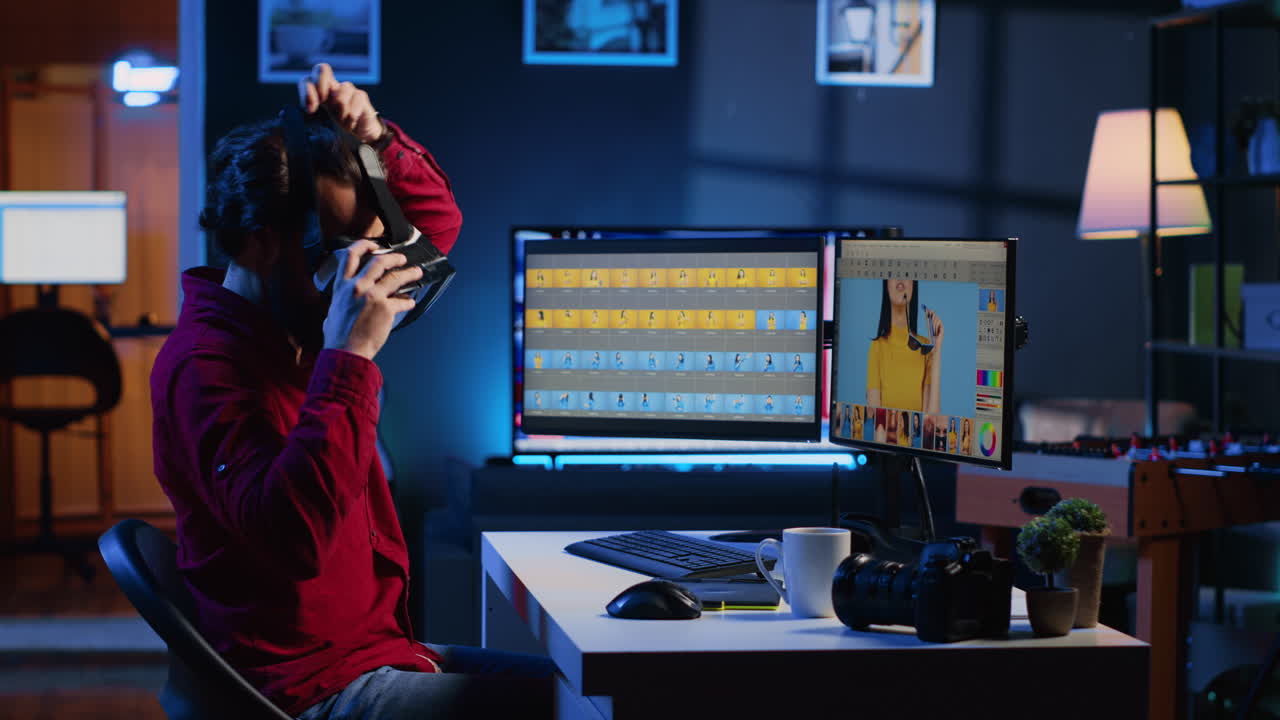 editor de fotos usando auriculares vr para corregir las fotografías de color en un estudio creativo de alta tecnología