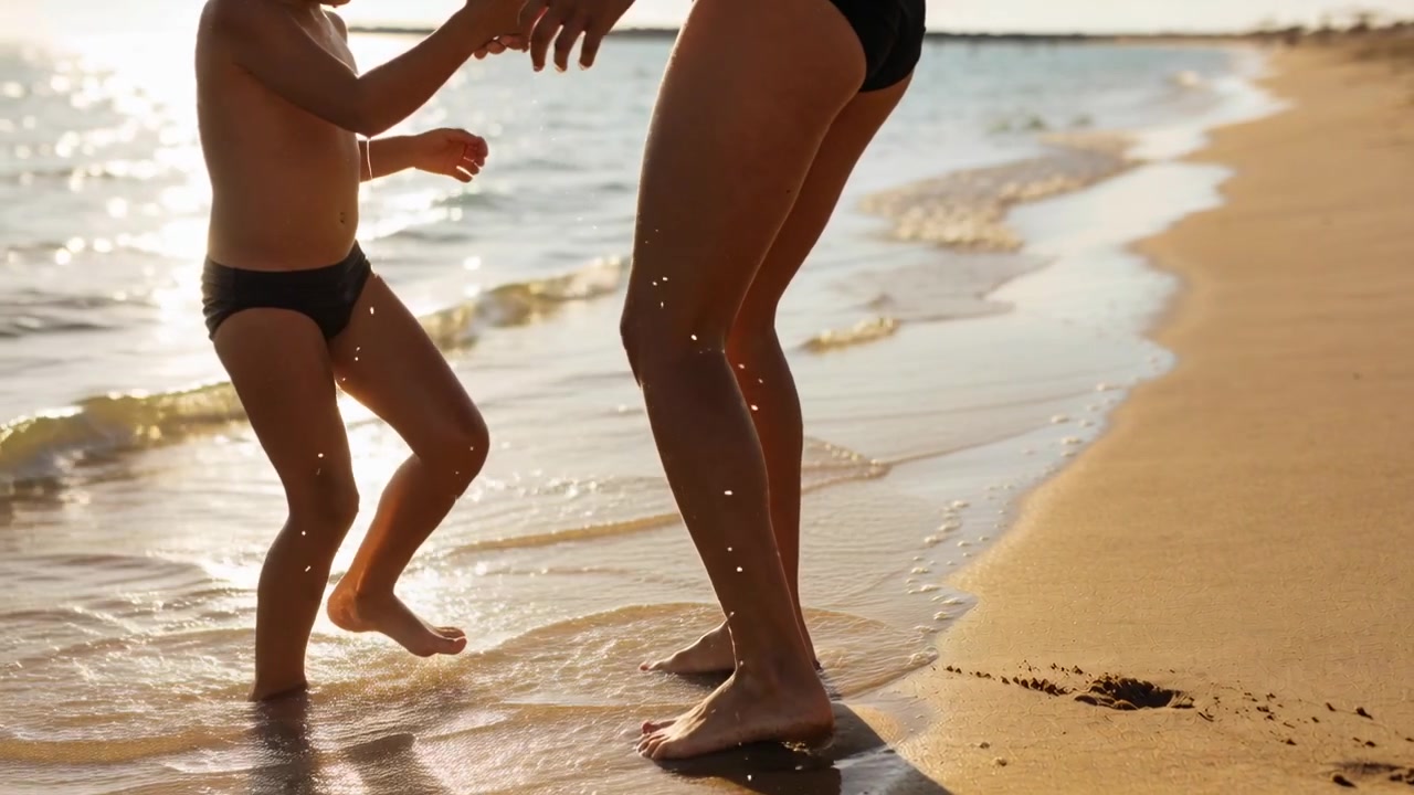 Spostando il peso, un bambino fa dei passi mentre un genitore lo tiene per mano e lo guida in spiaggia, in costume da bagno scuro.