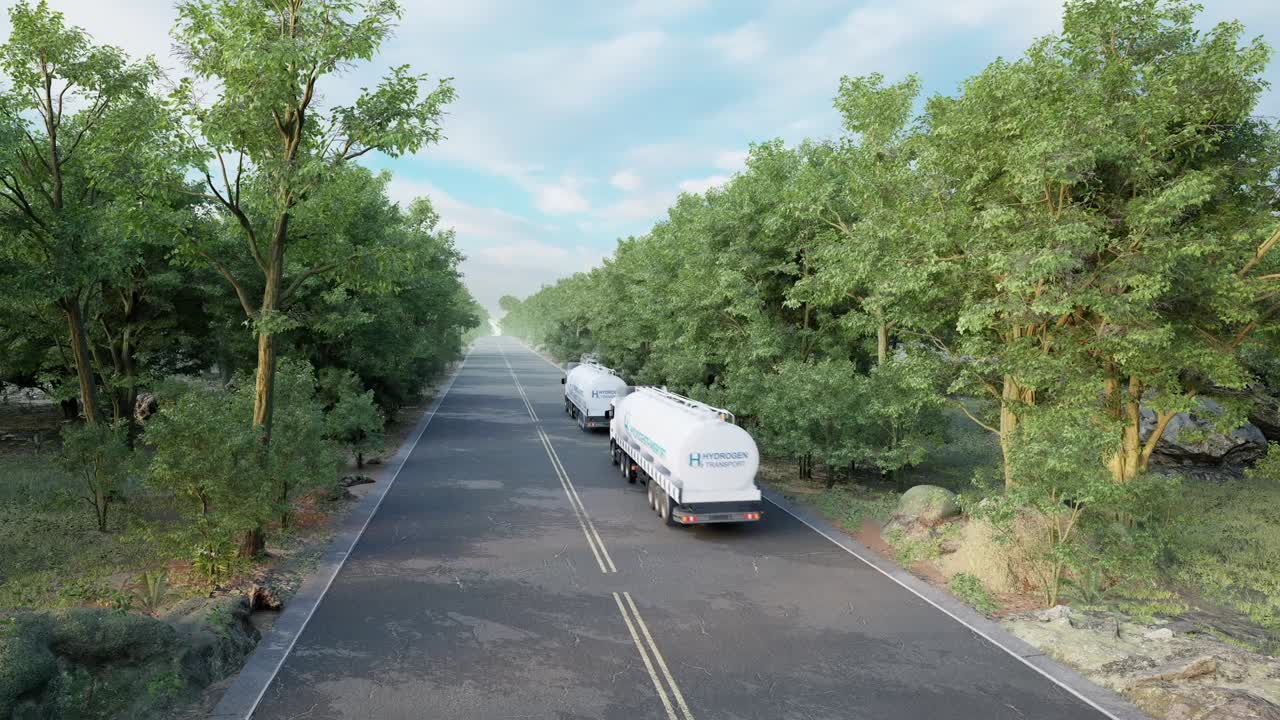 Hydrogen Logistics Concept. Truck With Gas Tank Trailer On The Road Lined