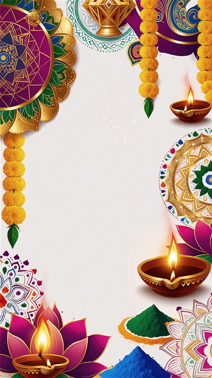 Sfondo Diwali con Diyas luminosi, Rangoli e fiori di loto