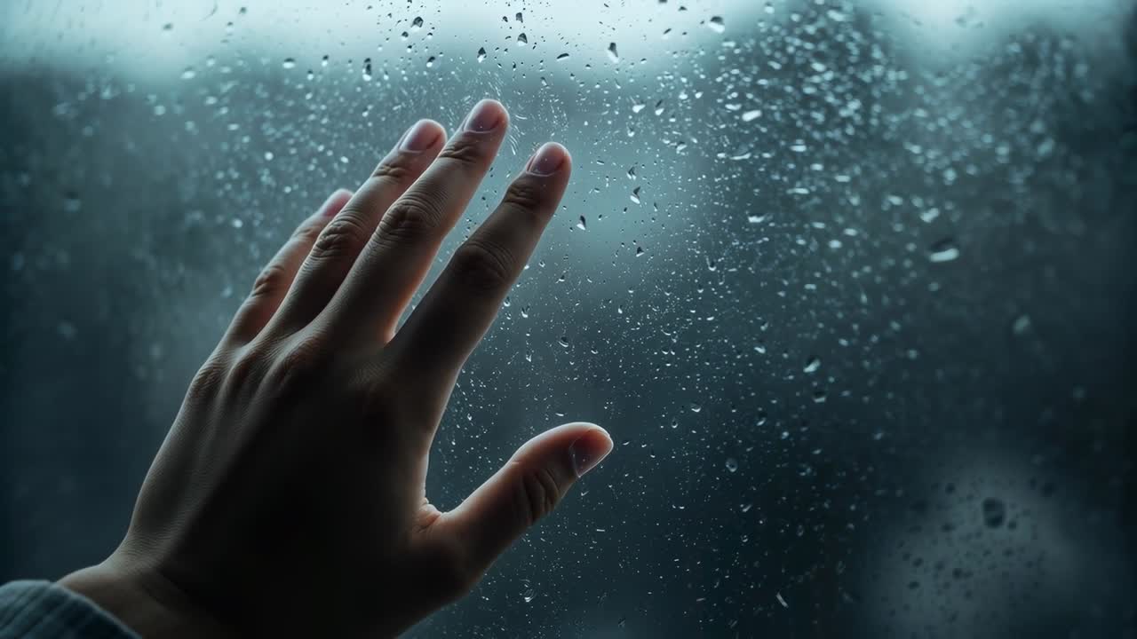 Pressing left hand inside home prompted by rain falling outside, touching wet glass, cuff visible