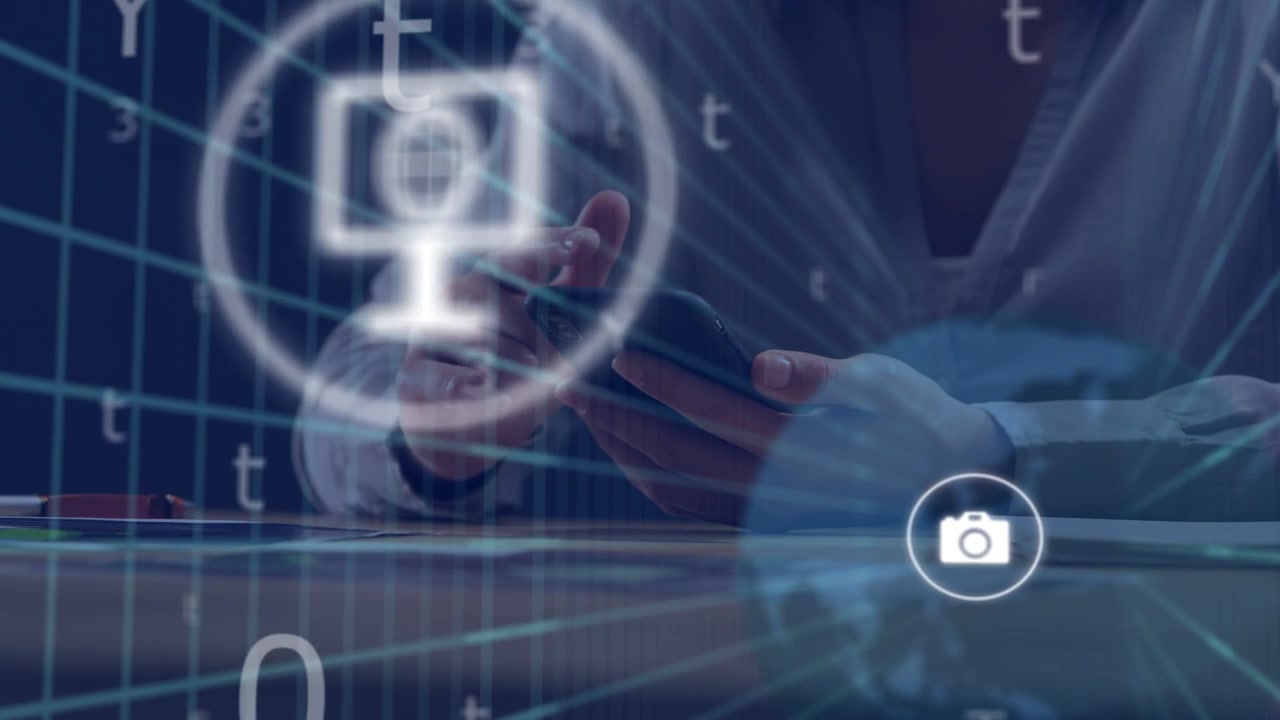 Man tapping smartphone at desk, causing 3D grid and app icons moving toward business chat