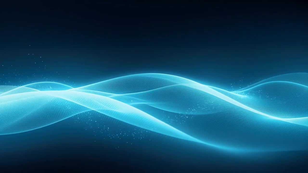 Loop starting, glowing blue wave ribbons shifting overlapping in dark void with particles, evolving