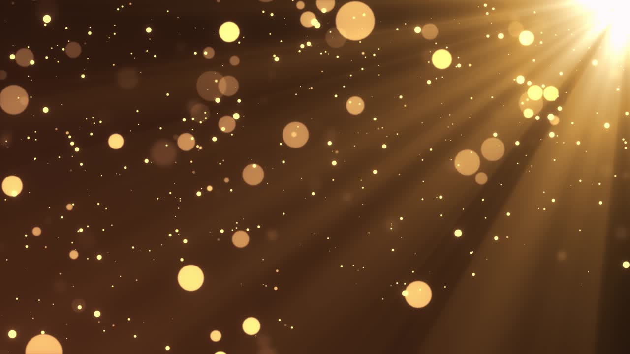 4k hermosas partículas brillantes de oro con destello de lente en fondo de bucle dorado.