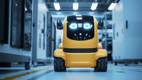 a futuristic robotic assistant in a high-tech warehouse setting: exploring autonomous navigation and interaction with smart environments