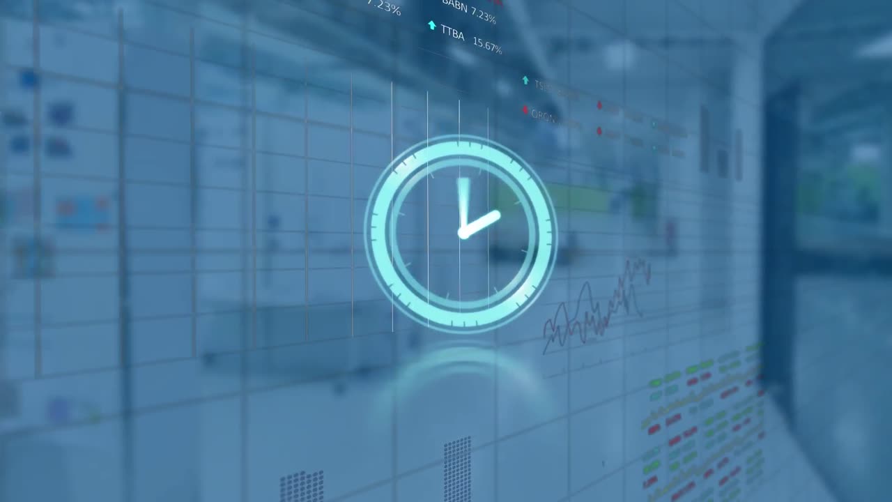 Animation of moving clock and diverse data processing over office in background