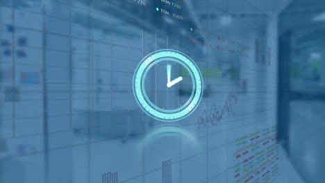 Animación-De-Reloj-En-Movimiento-Y-Procesamiento-De-Datos-Diversos-En-La-Oficina-En-Segundo-Plano.