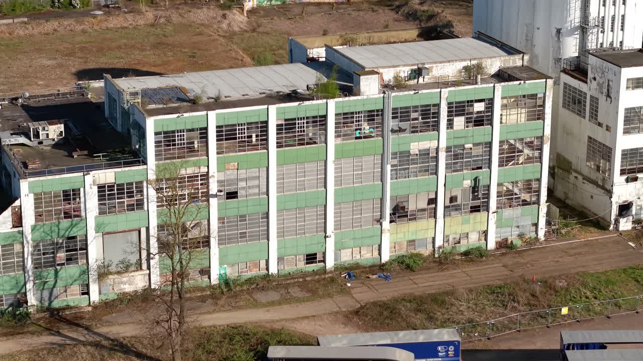 Welwyn garden city Wheat quarter aerial view circling above vacant disused offices and storehouse