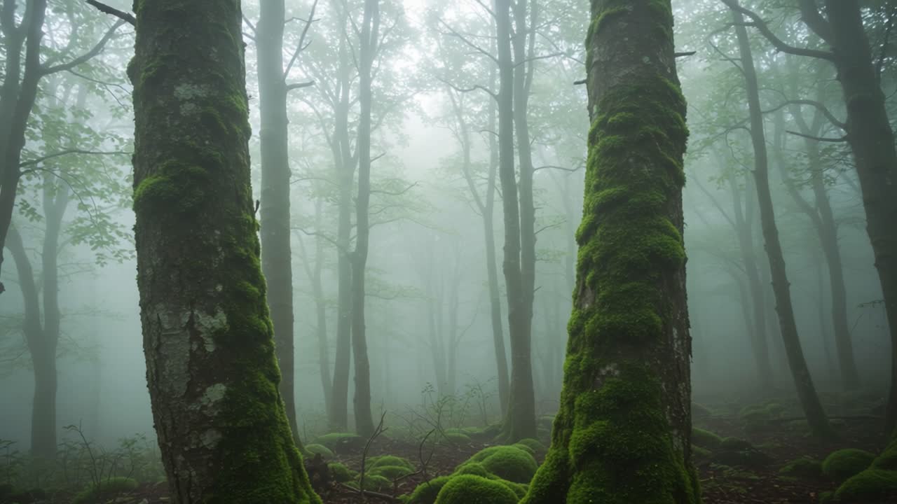 Misty Forest Dreamscape: A Serene Journey Through the Enchanting Depths of a Mist-Laden Woodland, Where Towering Trees Stand Guard in Nature's Embrace
