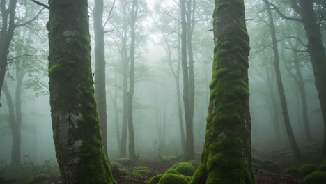 Misty Forest Dreamscape: A Serene Journey Through the Enchanting Depths of a Mist-Laden Woodland, Where Towering Trees Stand Guard in Nature's Embrace