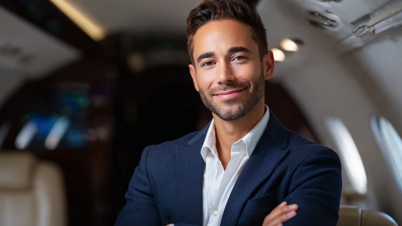 A Confident Professional Man Smiling in a Luxurious Private Jet Interior, Exuding Charisma and Style, Captured in Two Frames Showcasing His Poise and Composure in an Elegant Setting