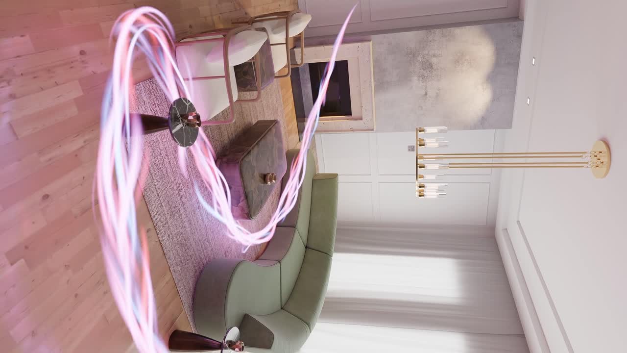 concepto de diseño de interiores de animación de renderización 3d vertical de apartamento de sala de estar moderna con flujo de energía concepto de hogar inteligente