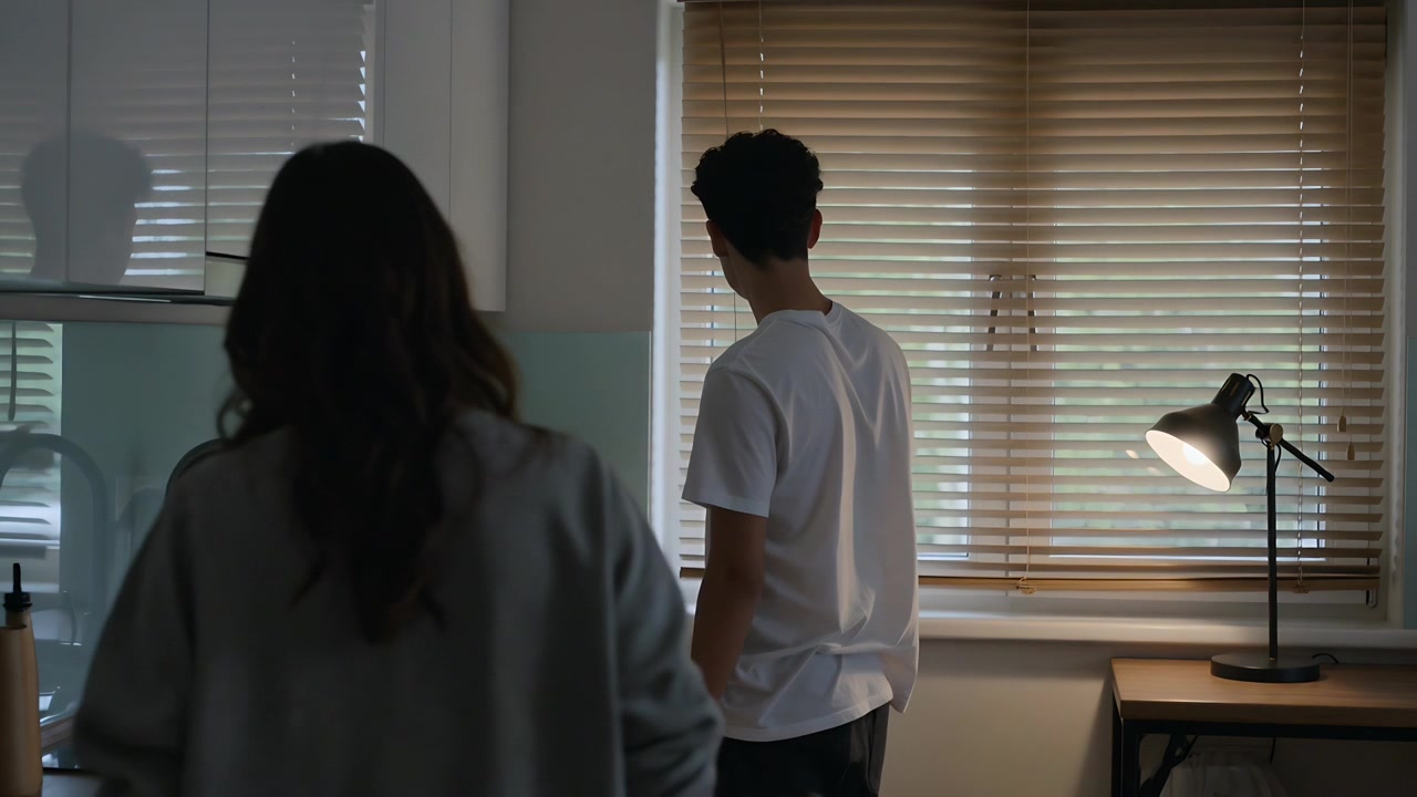Mujer entrando haciendo que un hombre de camisa blanca ajuste las persianas de la cocina para reducir la luz, con una lámpara encendida y espacio para texto