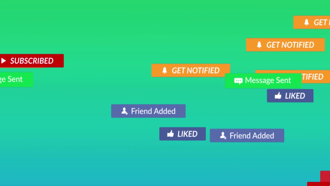 소셜 미디어 아이콘과 녹색에서 파란색 배경의 텍스트의 애니메이션