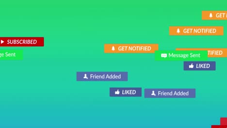 animación de iconos de redes sociales y texto sobre un fondo verde a azul.