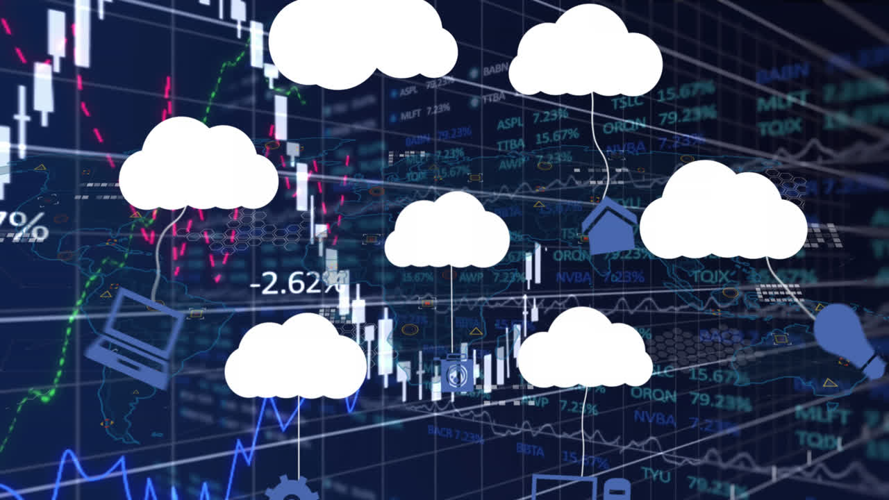Animation of clouds with icons over data processing on black background