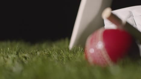 cricket still life with close up of bat ball bails and gloves lying in grass 7