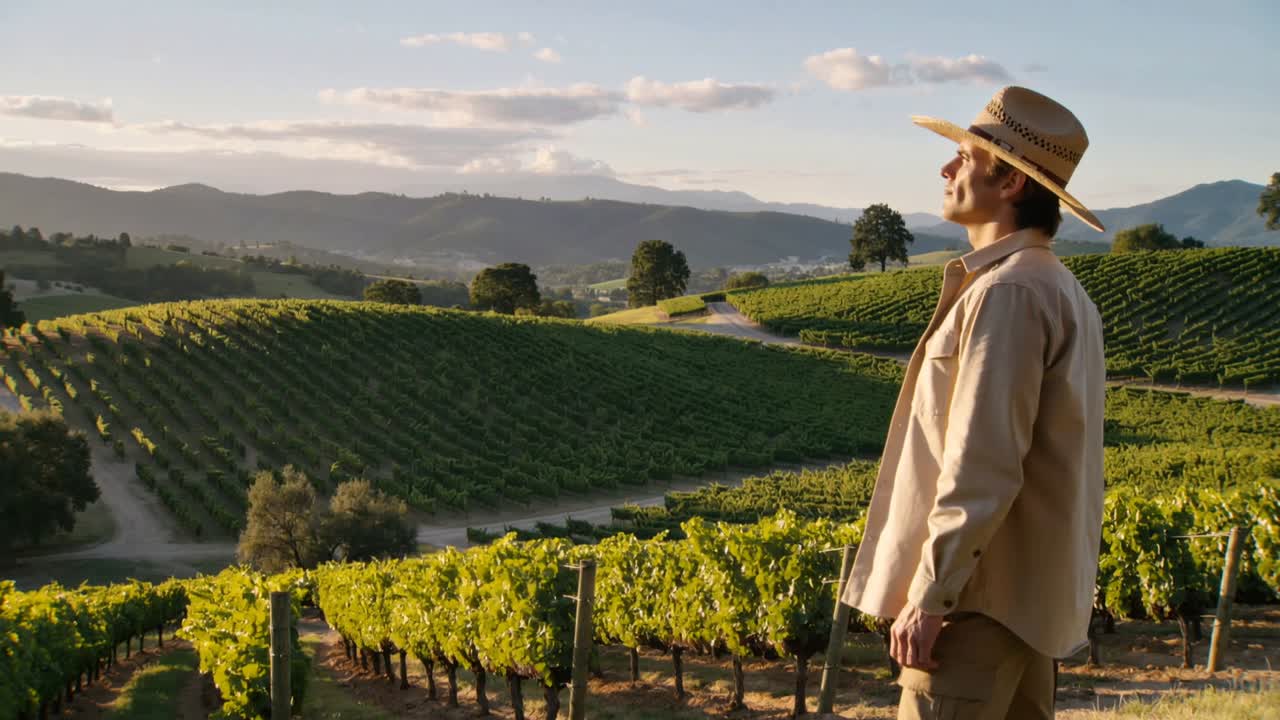 Uomo con cappello di paglia che cammina e scruta i vitigni, esaminando il territorio alla luce dell'ora d'oro, spazio per il testo