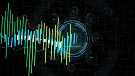 animación del procesamiento de datos sobre icono digital y escáner biométrico de huellas dactilares sobre fondo negro
